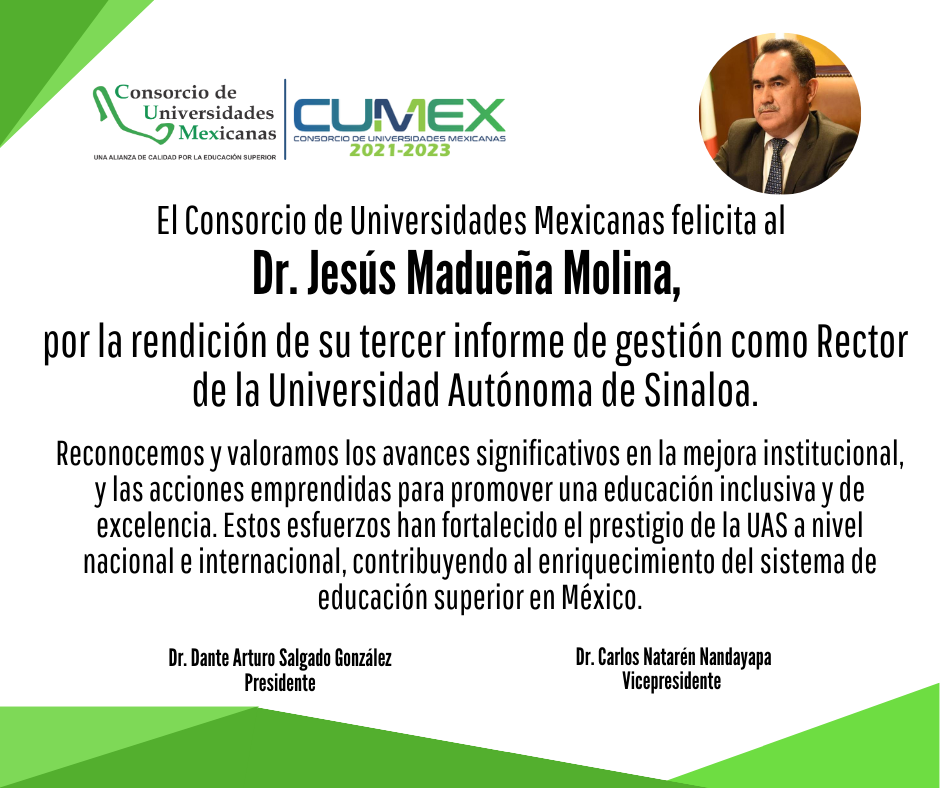 El Consorcio de Universidades Mexicanas felicita al Lic. Guillermo Narváez Osorio, reelecto para el periodo 2024-2028 como Rector de la Universidad Juárez Autónoma de Tabasco. 